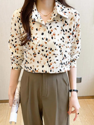 Floral Print Button Front Shirt, Elegant Long Sleeve