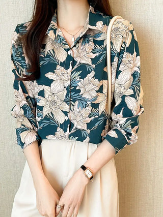 Floral Print Button Down Shirt, Elegant Long Sleeve