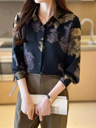 Floral Print Polo Collar Button Shirt, Elegant Long Sleeve