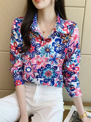 Floral Print Button Front Shirt, Casual Collar Long Sleeve