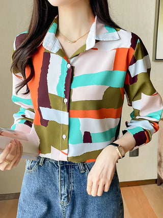 Colorful Print Button Front Shirt, Casual Cuff Sleeve