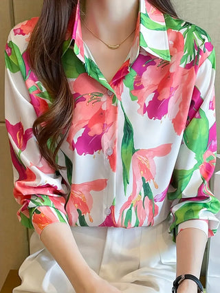 Floral Print Polo Collar Shirt, Casual Long Sleeve