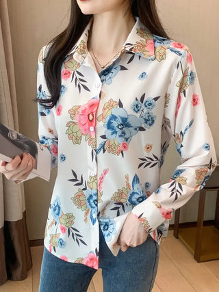 Floral Print Polo Collar Shirt, Casual Long Sleeve