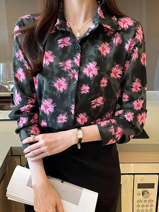 Floral Print Button Front Shirt, Casual Cuff Sleeve