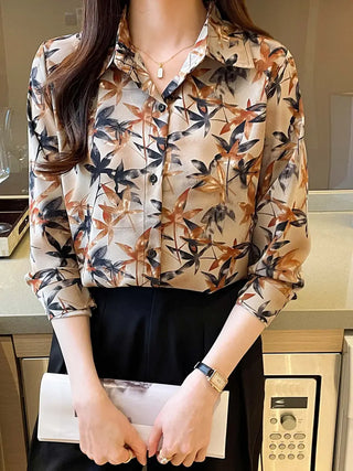 Maple Print Button Front Shirt, Elegant Long Sleeve