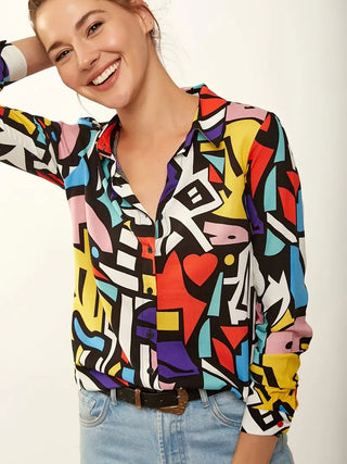 Geometric Graphic Print Blouse, Long Sleeve