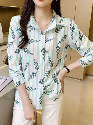 Plant & Stripe Print Button Front Shirt, Casual Collar Long Sleeve