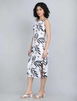 Chic Monochrome Leaf Print Midi Dress