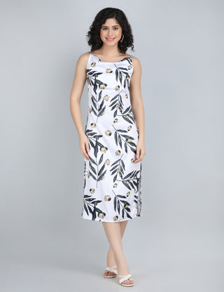 Chic Monochrome Leaf Print Midi Dress