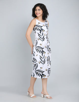 Chic Monochrome Leaf Print Midi Dress