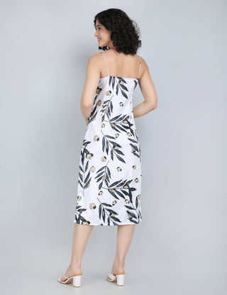 Chic Monochrome Leaf Print Midi Dress