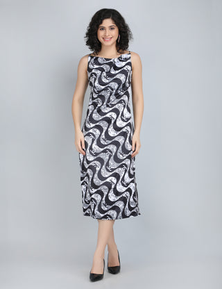 Stylish Black and White Wave Print Midi Dress