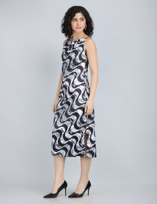 Stylish Black and White Wave Print Midi Dress