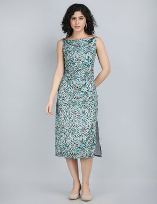 Elegant Turquoise Rose Print Midi Dress