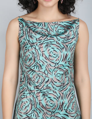 Elegant Turquoise Rose Print Midi Dress