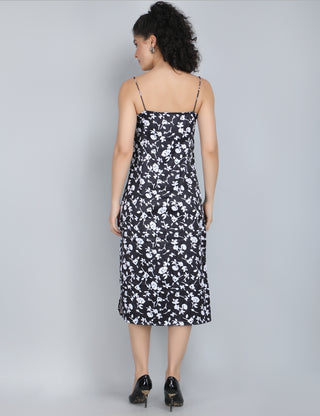 Black and White Floral Elegance Midi Dress