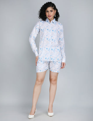 Blue Floral Print Linen Co-Ord Set