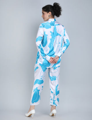 Blue Abstract Print Satin Co-Ord Set