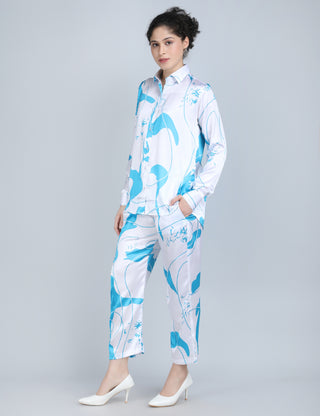 Blue Abstract Print Satin Co-Ord Set