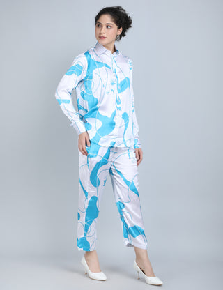 Blue Abstract Print Satin Co-Ord Set