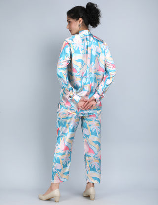 Aqua Pastel Abstract Print Satin Co-Ord Set