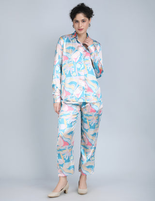 Aqua Pastel Abstract Print Satin Co-Ord Set