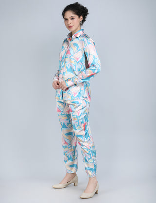 Aqua Pastel Abstract Print Satin Co-Ord Set