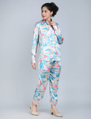 Aqua Pastel Abstract Print Satin Co-Ord Set