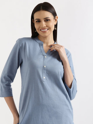 English Blue Airy Linen Long Kurta