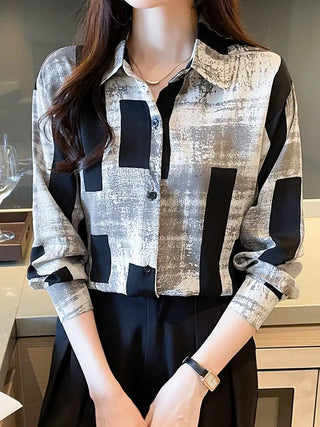 Geo Print Button Front Shirt, Vintage Long Sleeve