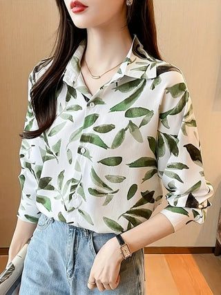 Leaves Print Button Down Shirt, Vintage Long Sleeve