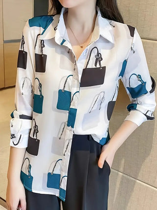 Bags Print Button Down Shirt, Elegant Long Sleeve