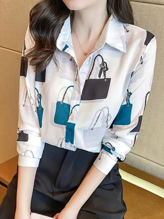 Bags Print Button Down Shirt, Elegant Long Sleeve