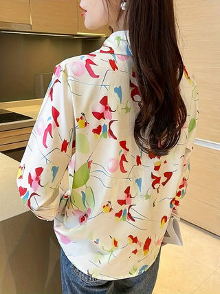 Colorful Floral Print Polo Collar Button Shirt, Casual Long Sleeve