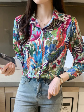 Floral Print Button Front Shirt, Casual Long Sleeve