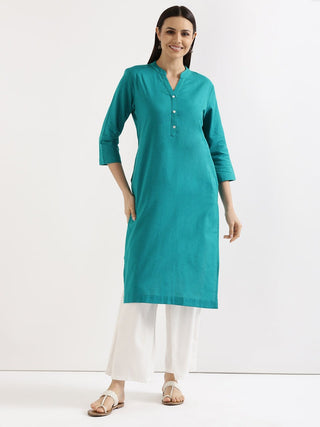 Teal Airy Linen Long Kurta