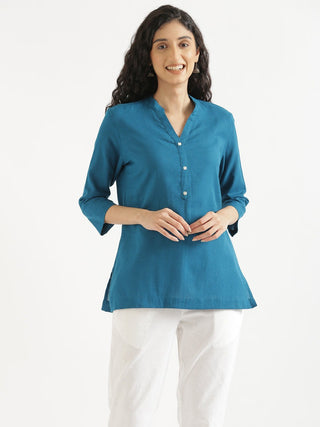 Turquoise Airy Linen Short Kurta