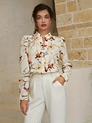 Floral Print Notched Neck Blouse, Elegant Long Sleeve