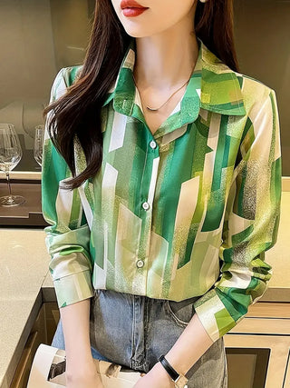 Gradient Print Polo Collar Button Shirt, Casual Long Sleeve