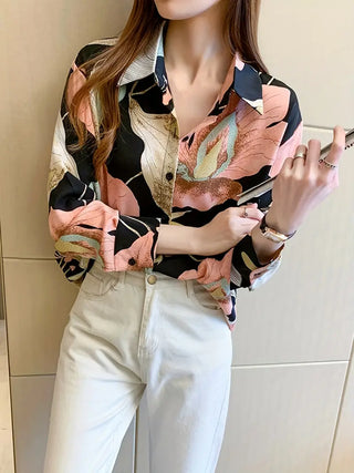 Floral Print Button Front Shirt, Casual Long Sleeve