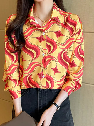 Graphic Print Button Front Shirt, Versatile Long Sleeve