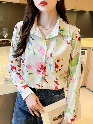 Colorful Floral Print Polo Collar Button Shirt, Casual Long Sleeve