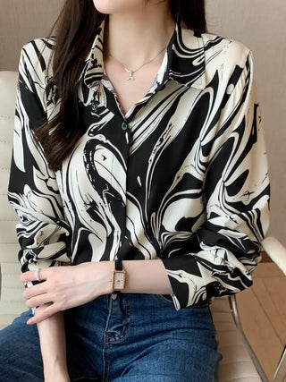 Graphic Print Button Front Shirt, Casual Long Sleeve