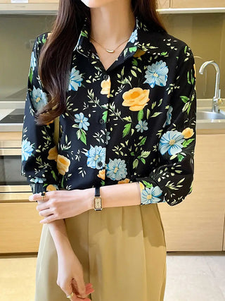 Floral Print Button Front Shirt, Casual Long Sleeve