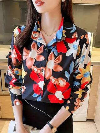 Floral Print Button Front Shirt, Casual Long Sleeve