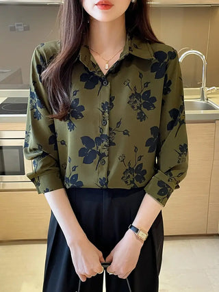 Floral Print Button Front Shirt, Vintage Long Sleeve