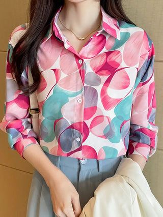 Allover Print Button Front Shirt, Casual Cuff Sleeve