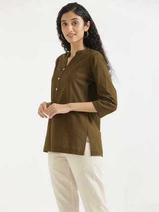 Olive Green Airy Linen Short Kurta