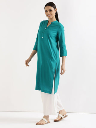 Teal Airy Linen Long Kurta