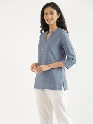 English Blue Airy Linen Short Kurta